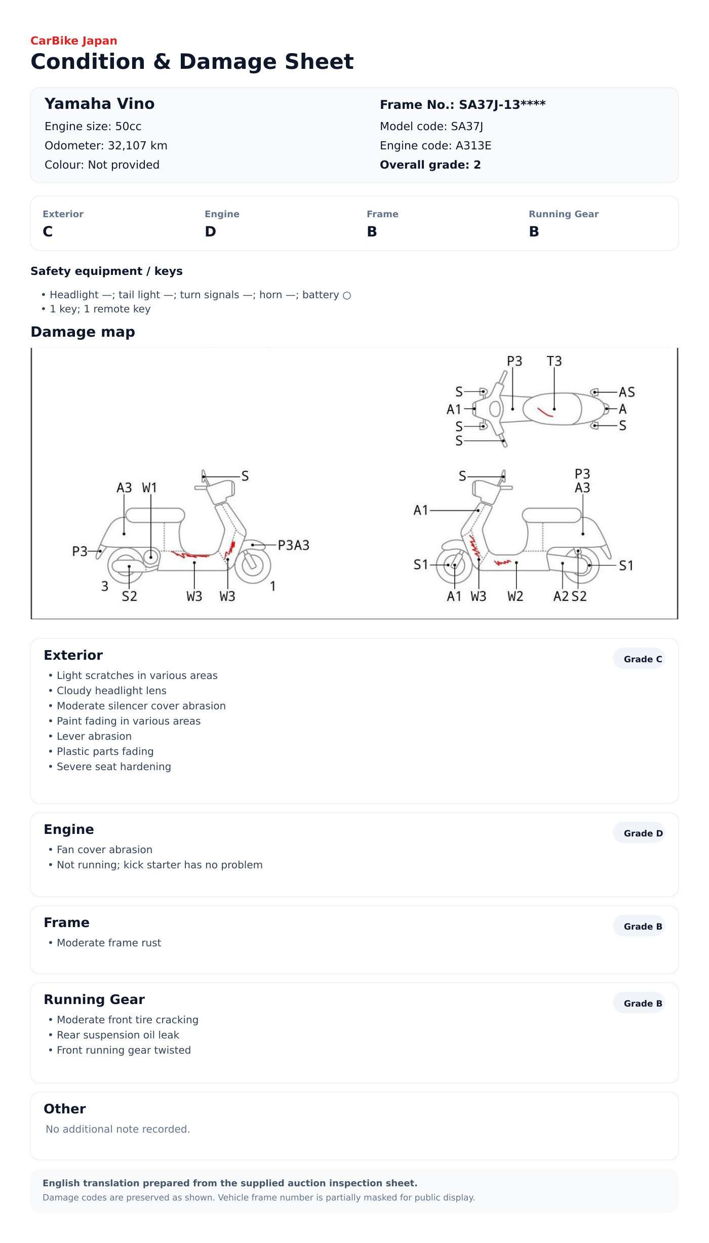 Yamaha Vino condition and damage sheet