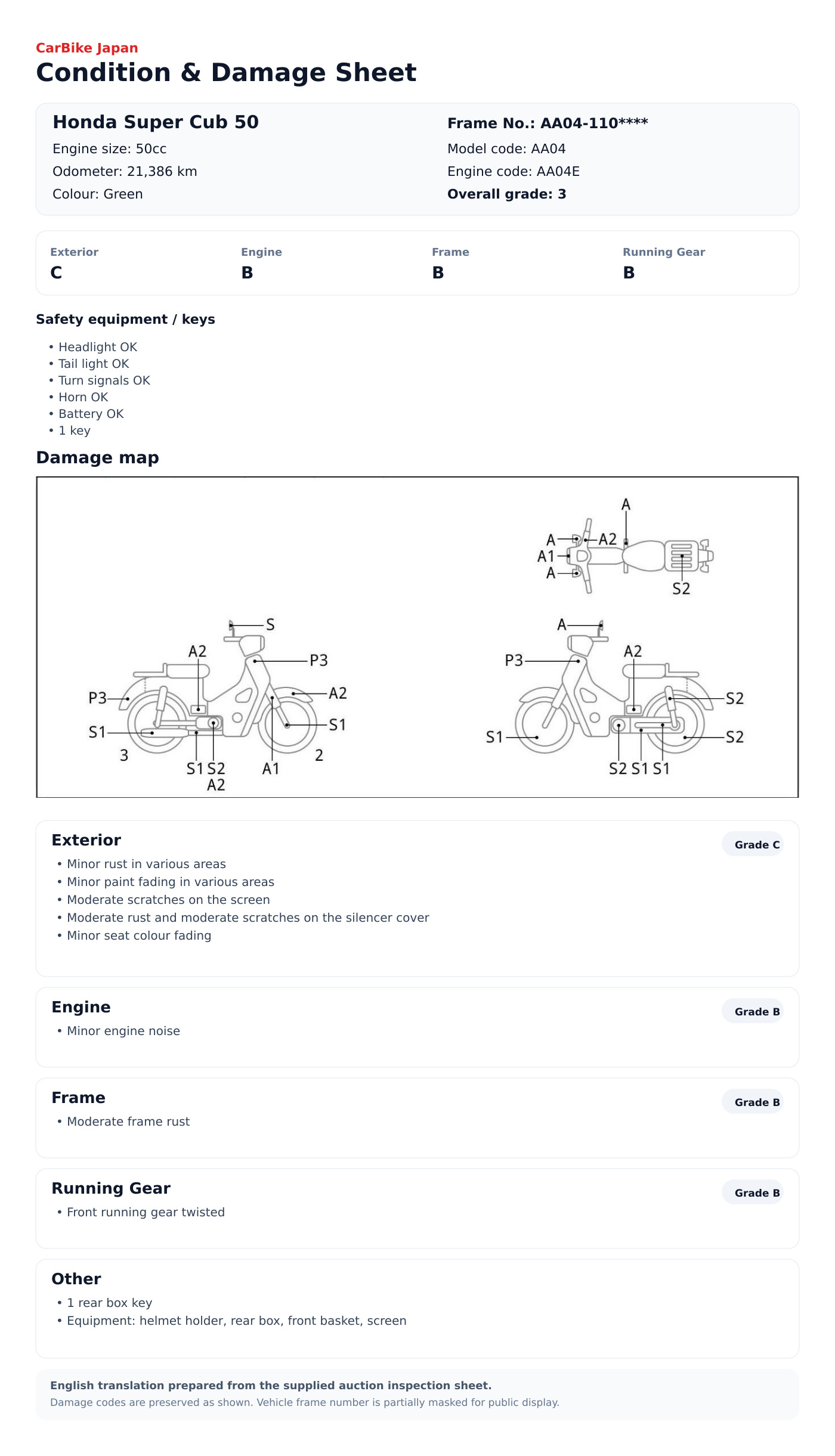 Honda Super Cub50 condition and damage sheet