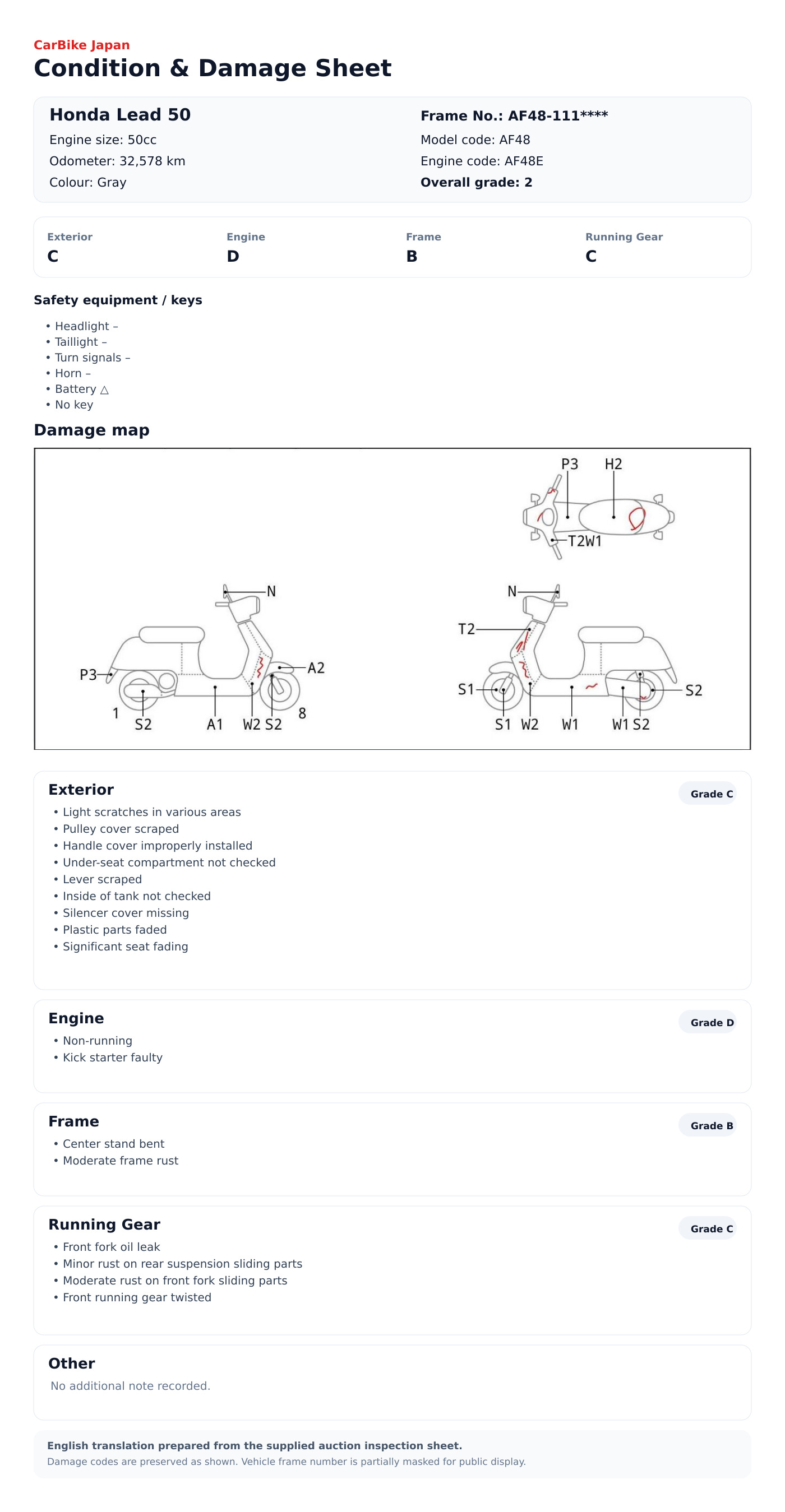 Honda Lead50 condition and damage sheet