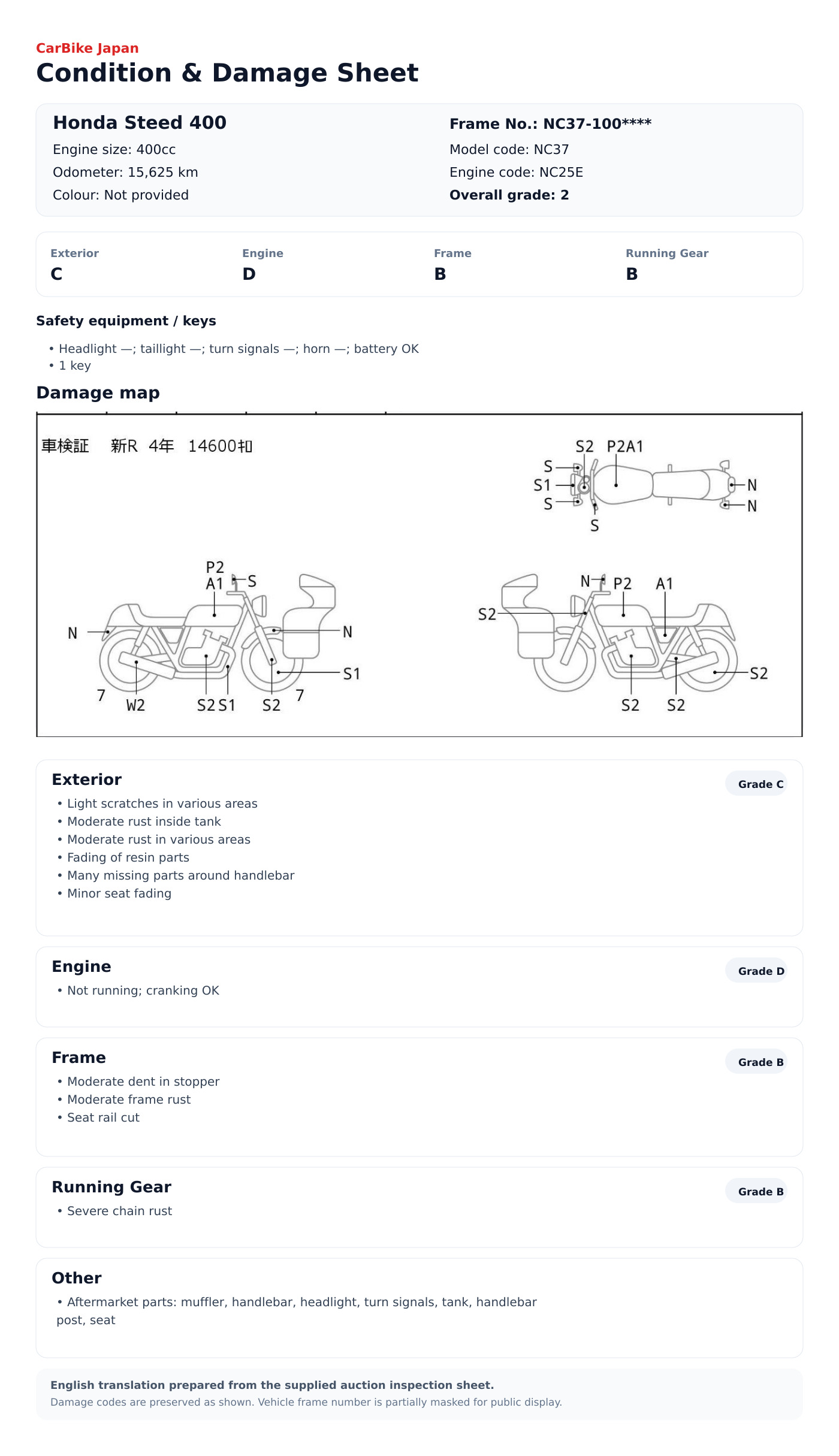 Honda Steed400 condition and damage sheet