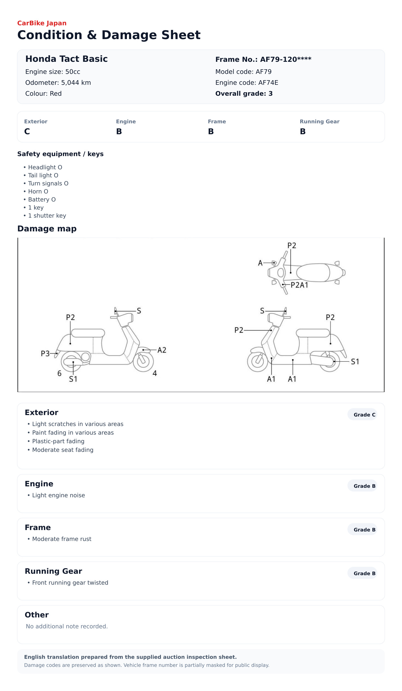 Honda Tact Basic condition and damage sheet