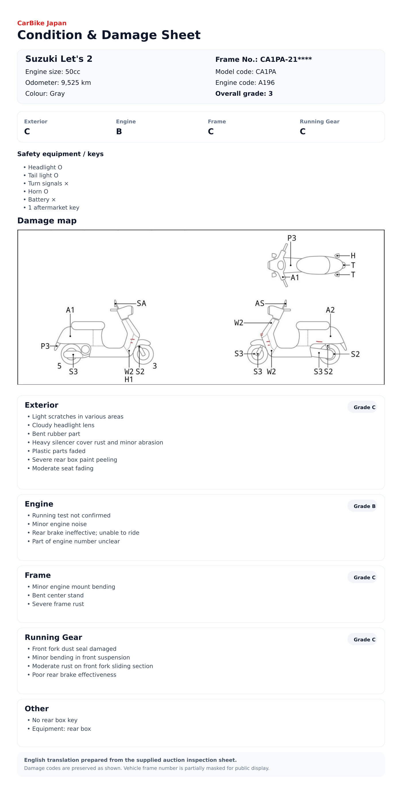 Suzuki Let's2 condition and damage sheet