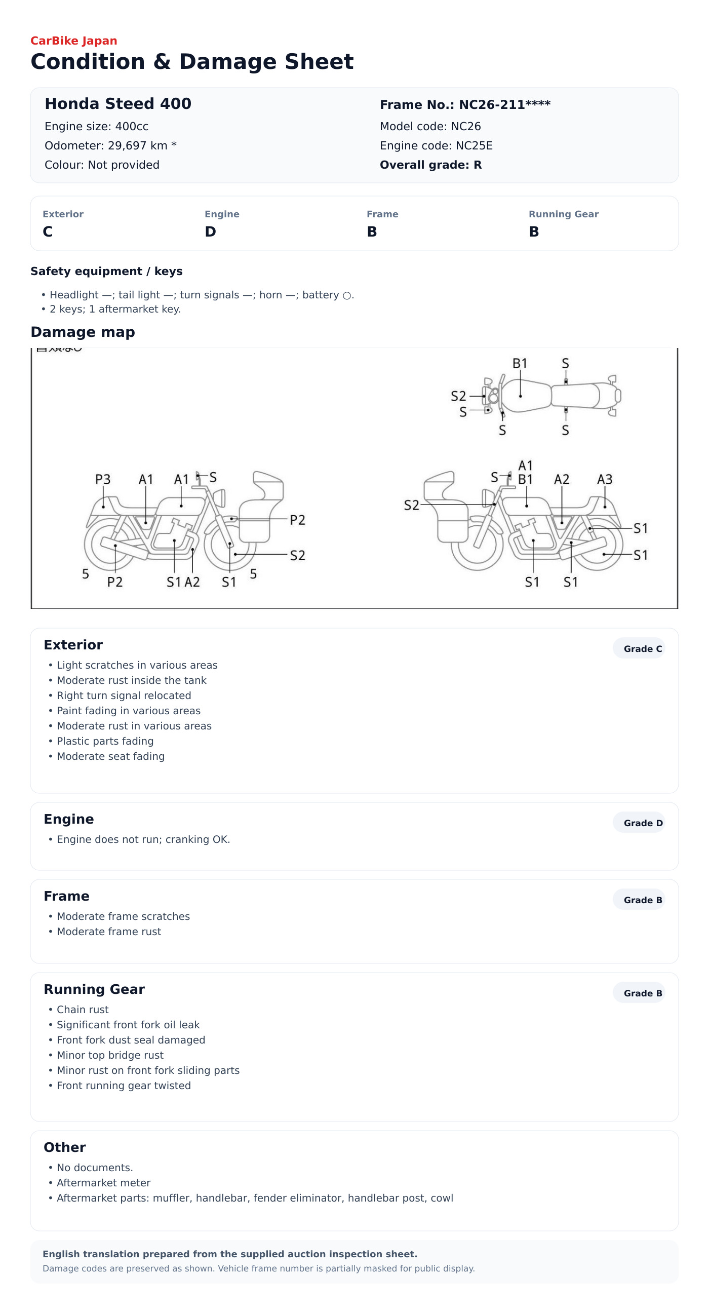 Honda Steed400 condition and damage sheet