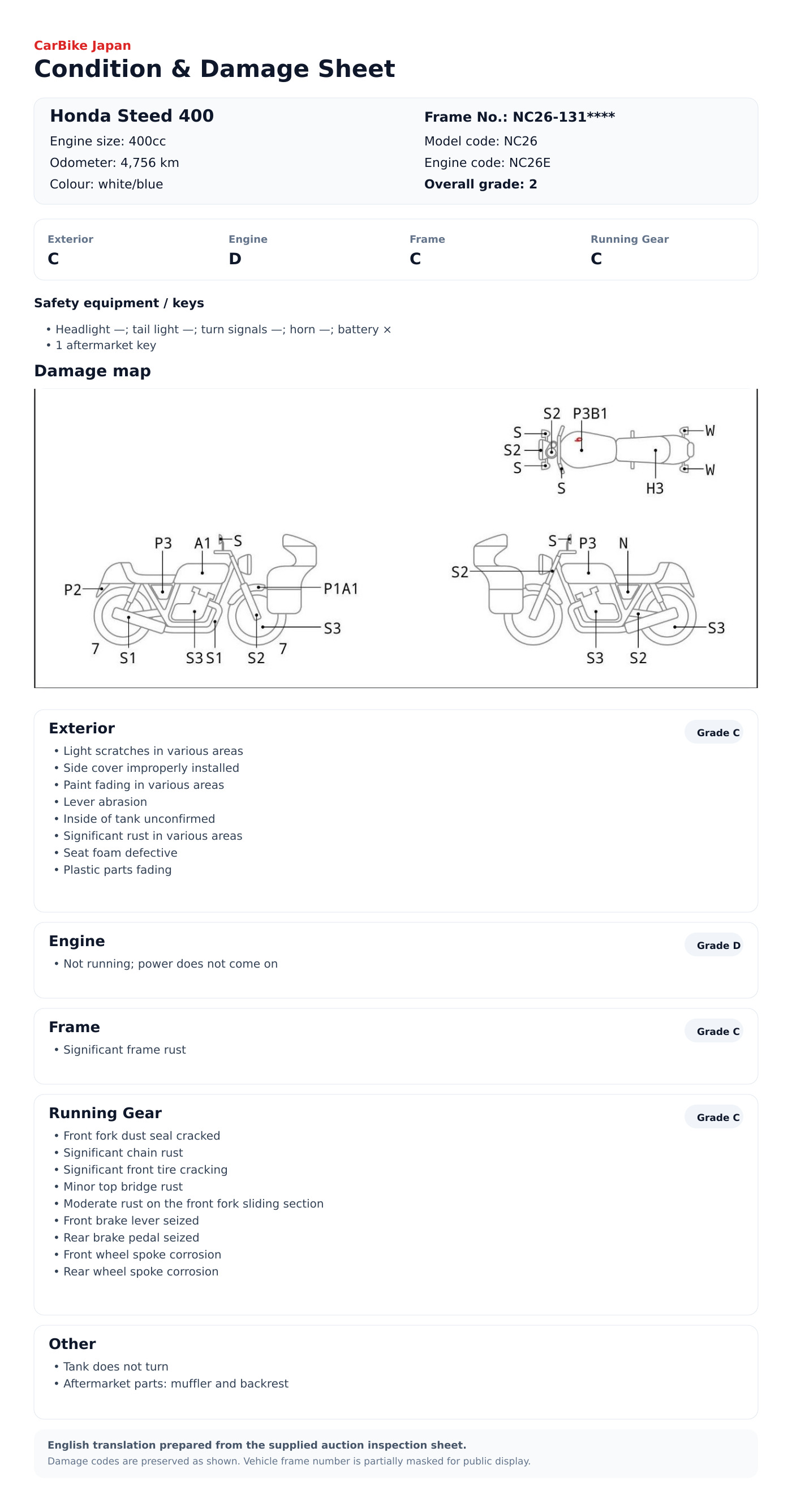 Honda Steed400 condition and damage sheet