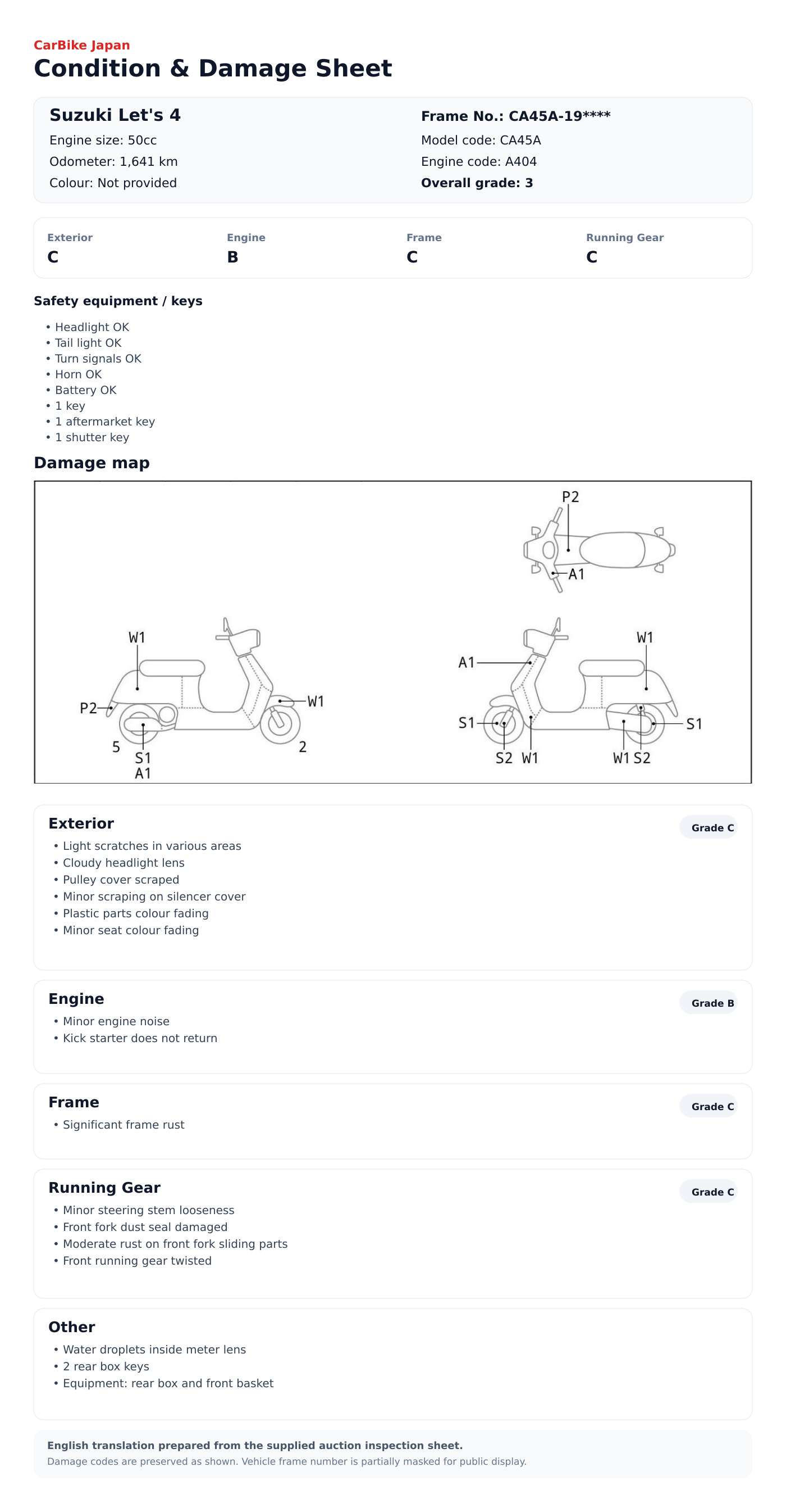 Suzuki Let's4 condition and damage sheet