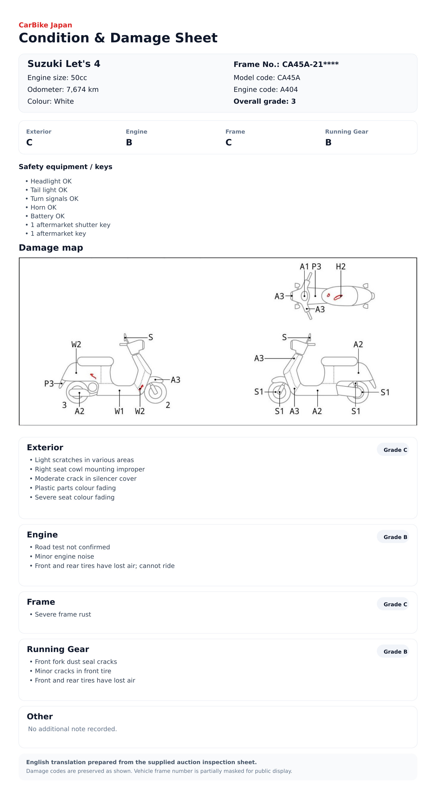Suzuki Let's4 condition and damage sheet