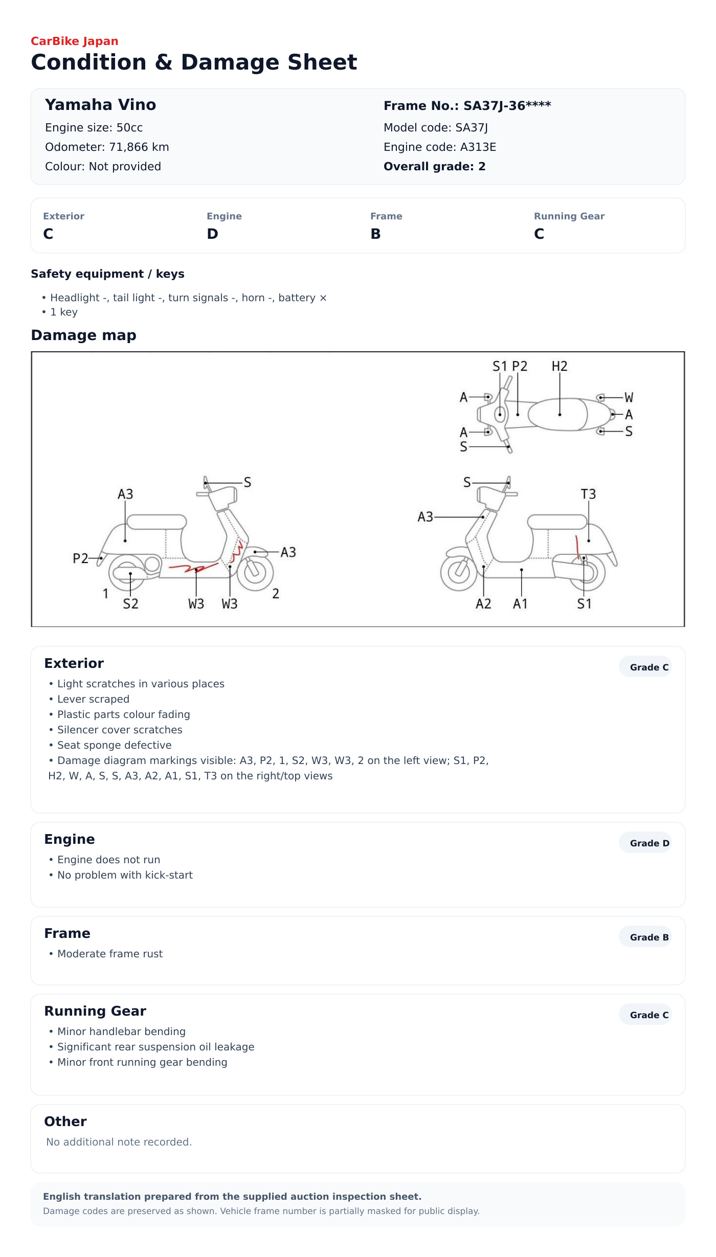 Yamaha Vino condition and damage sheet