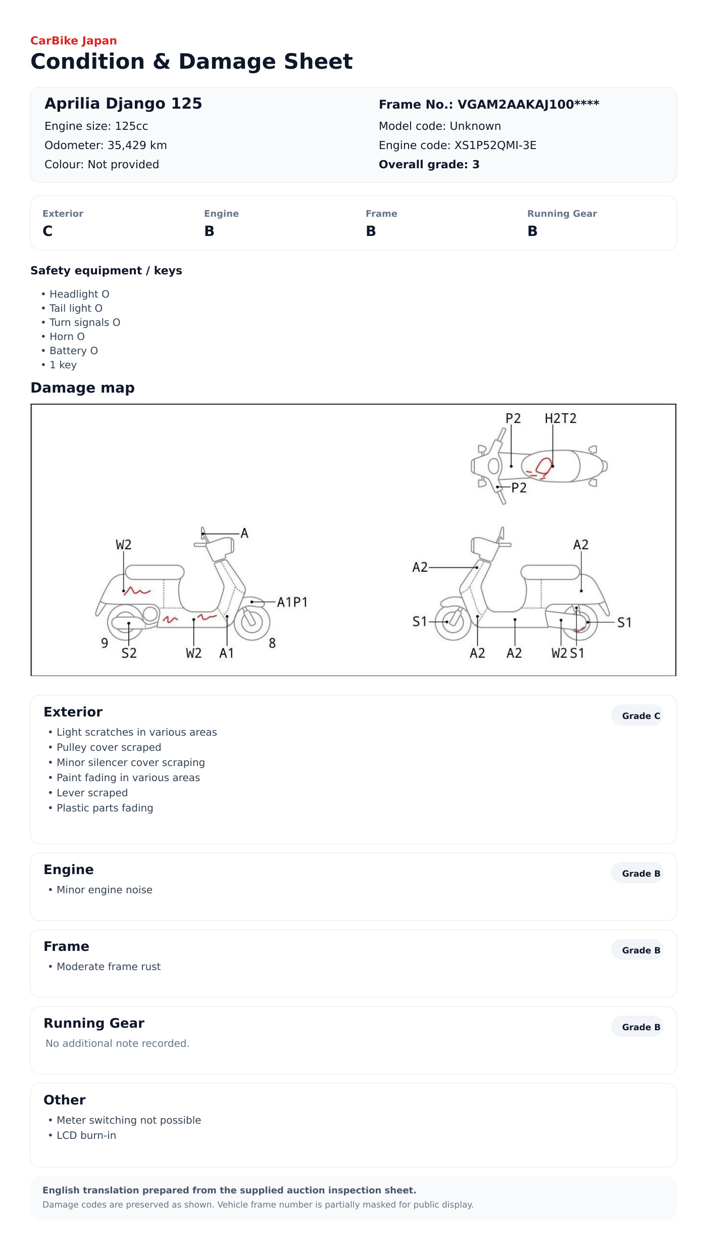 Other Imported Vehicle Peugeot Django125 condition and damage sheet