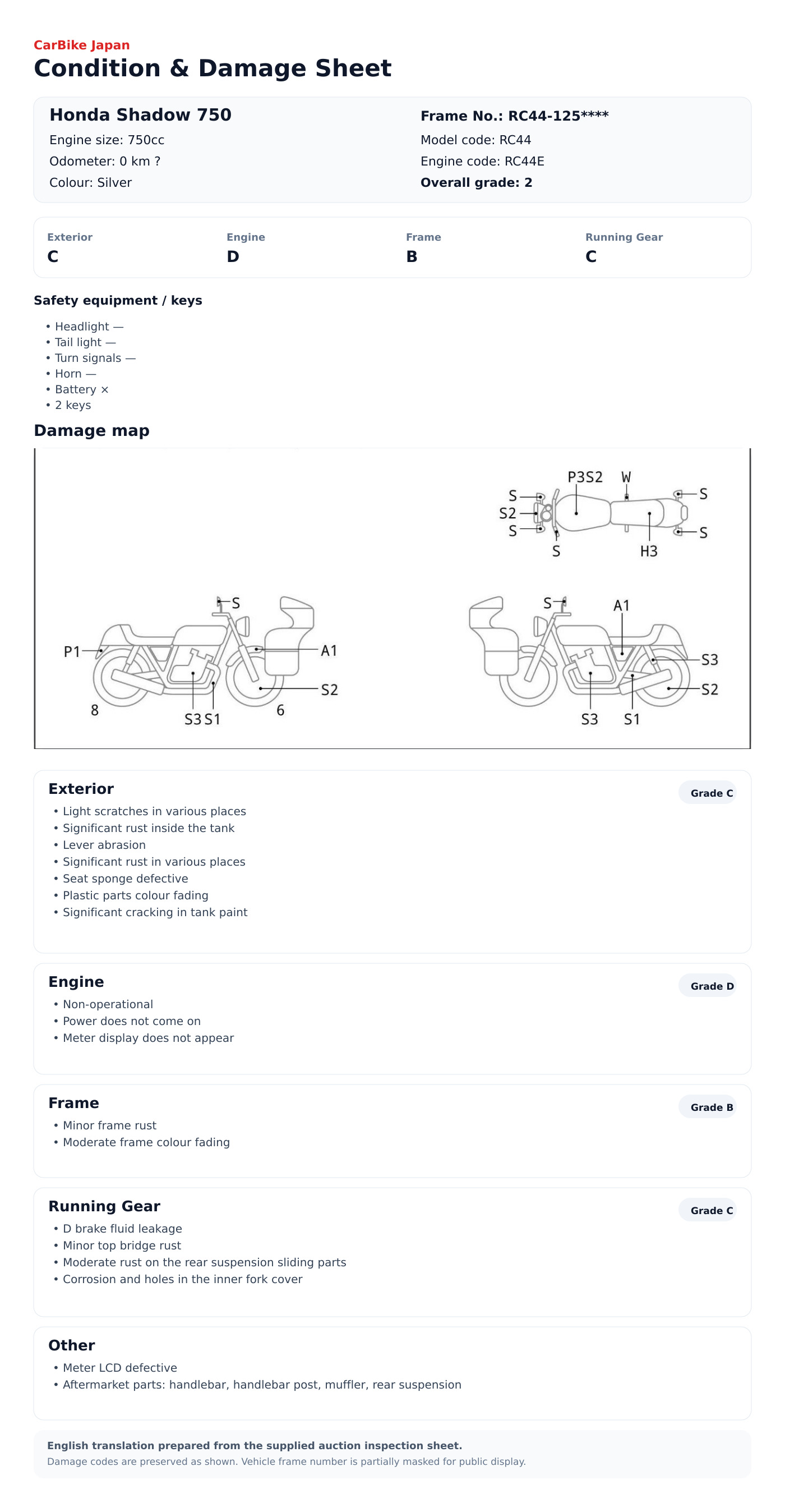 Honda Shadow750 condition and damage sheet