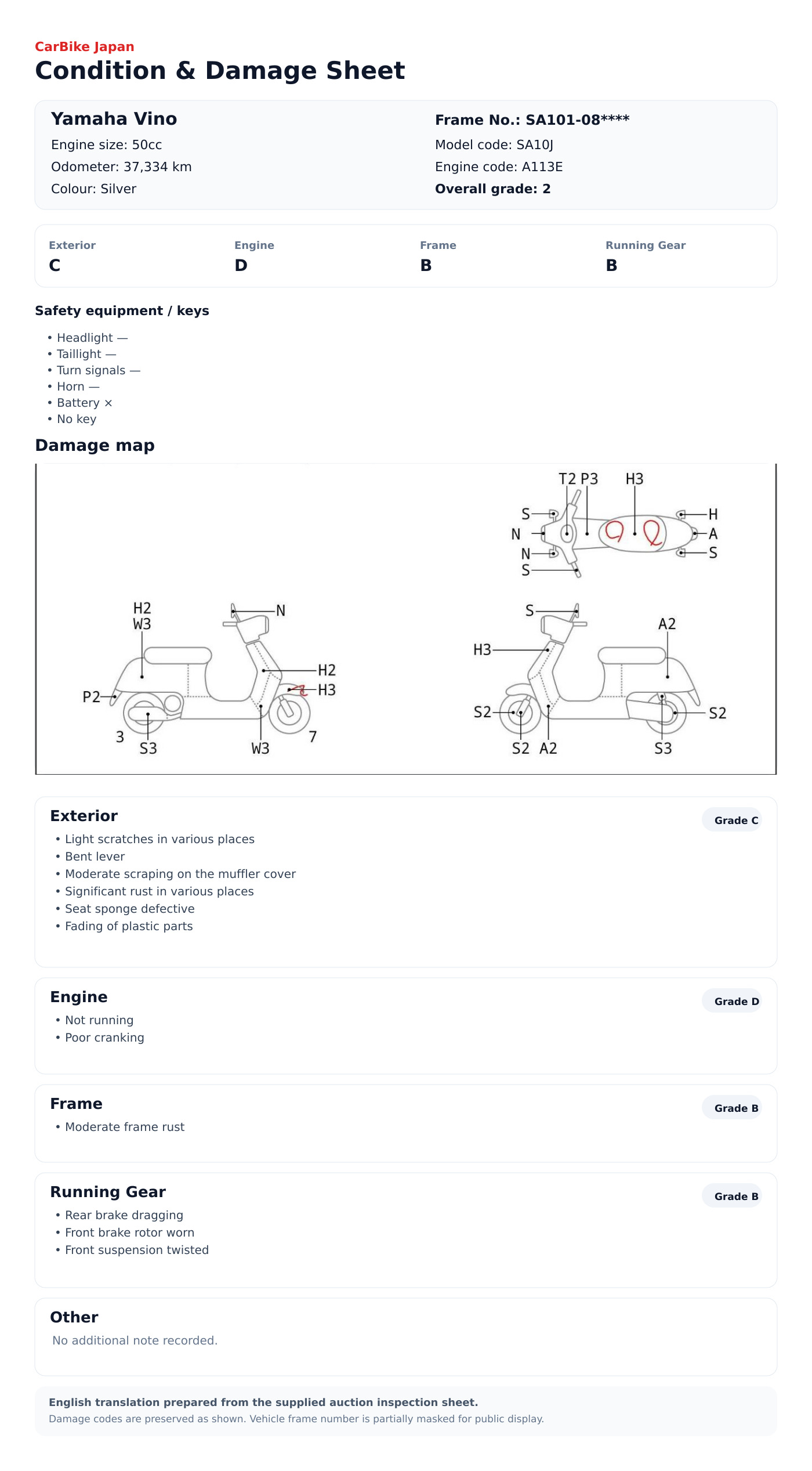 Yamaha Vino condition and damage sheet