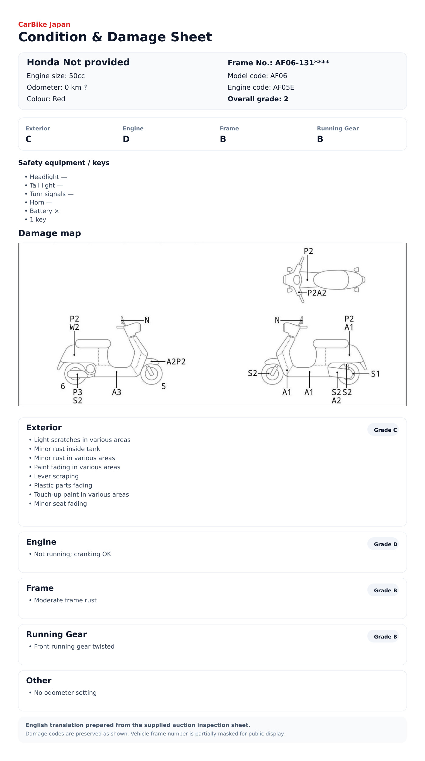 Honda Ibu condition and damage sheet