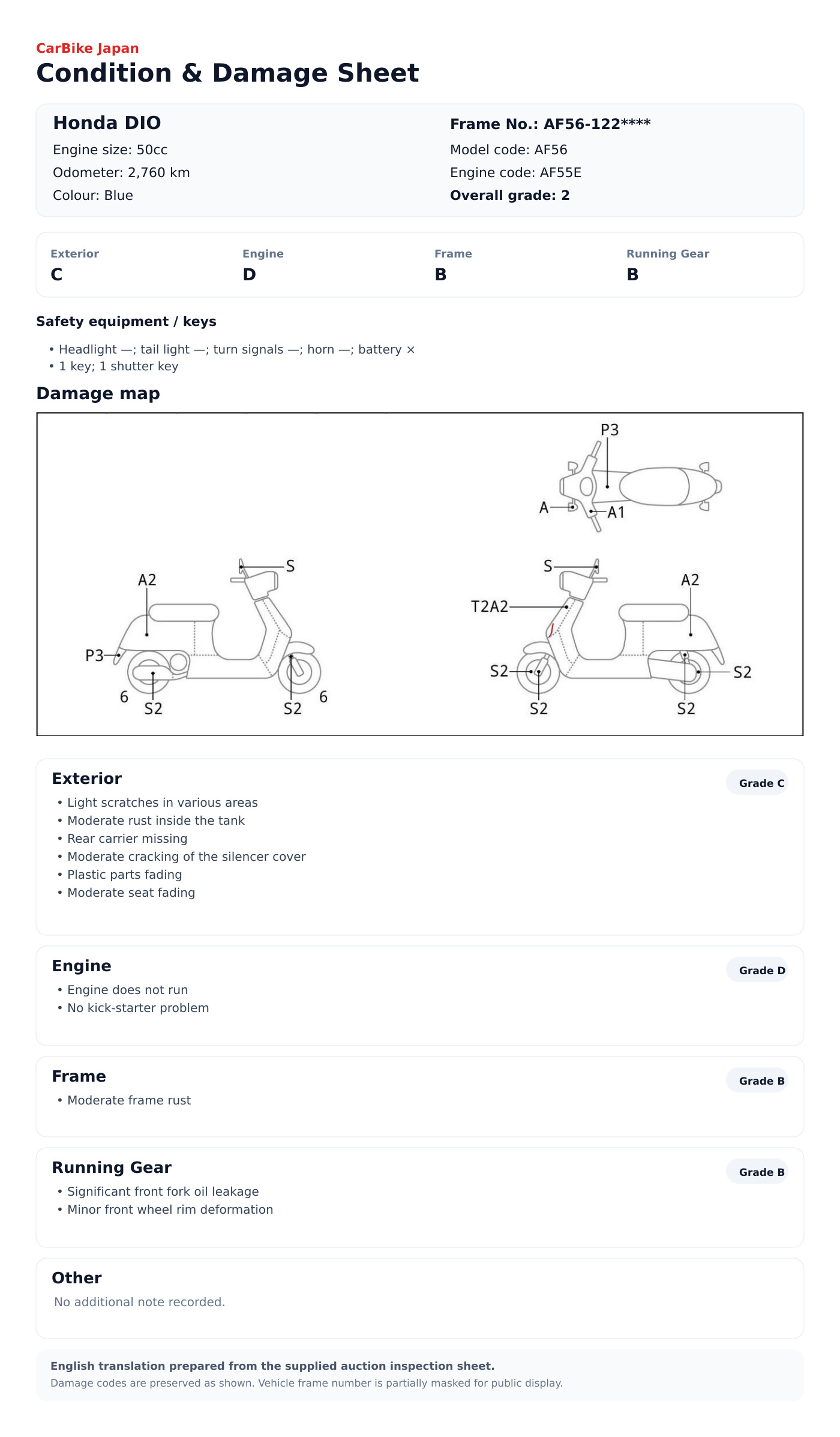 Honda DIO condition and damage sheet