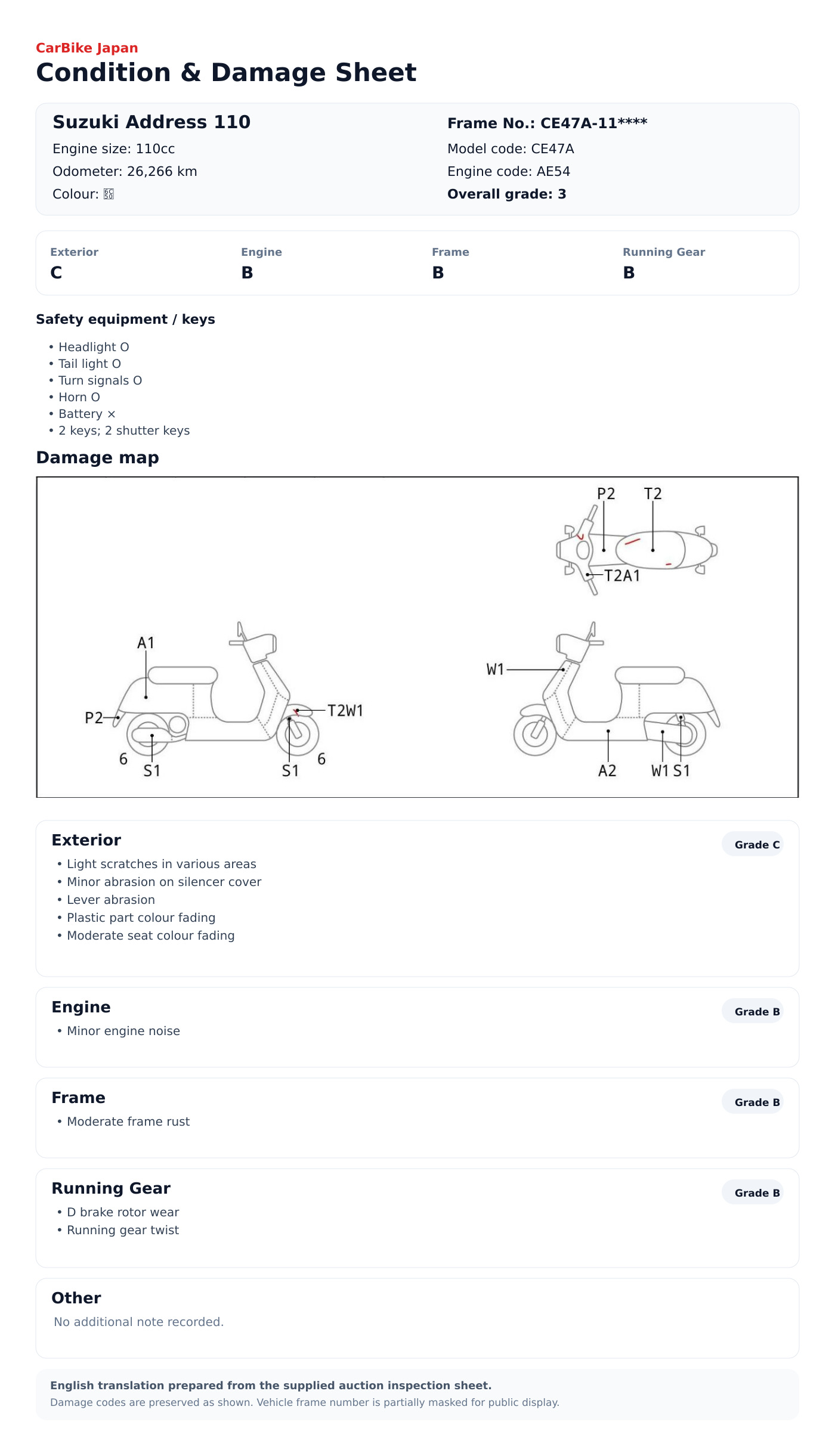 Suzuki Address110 condition and damage sheet