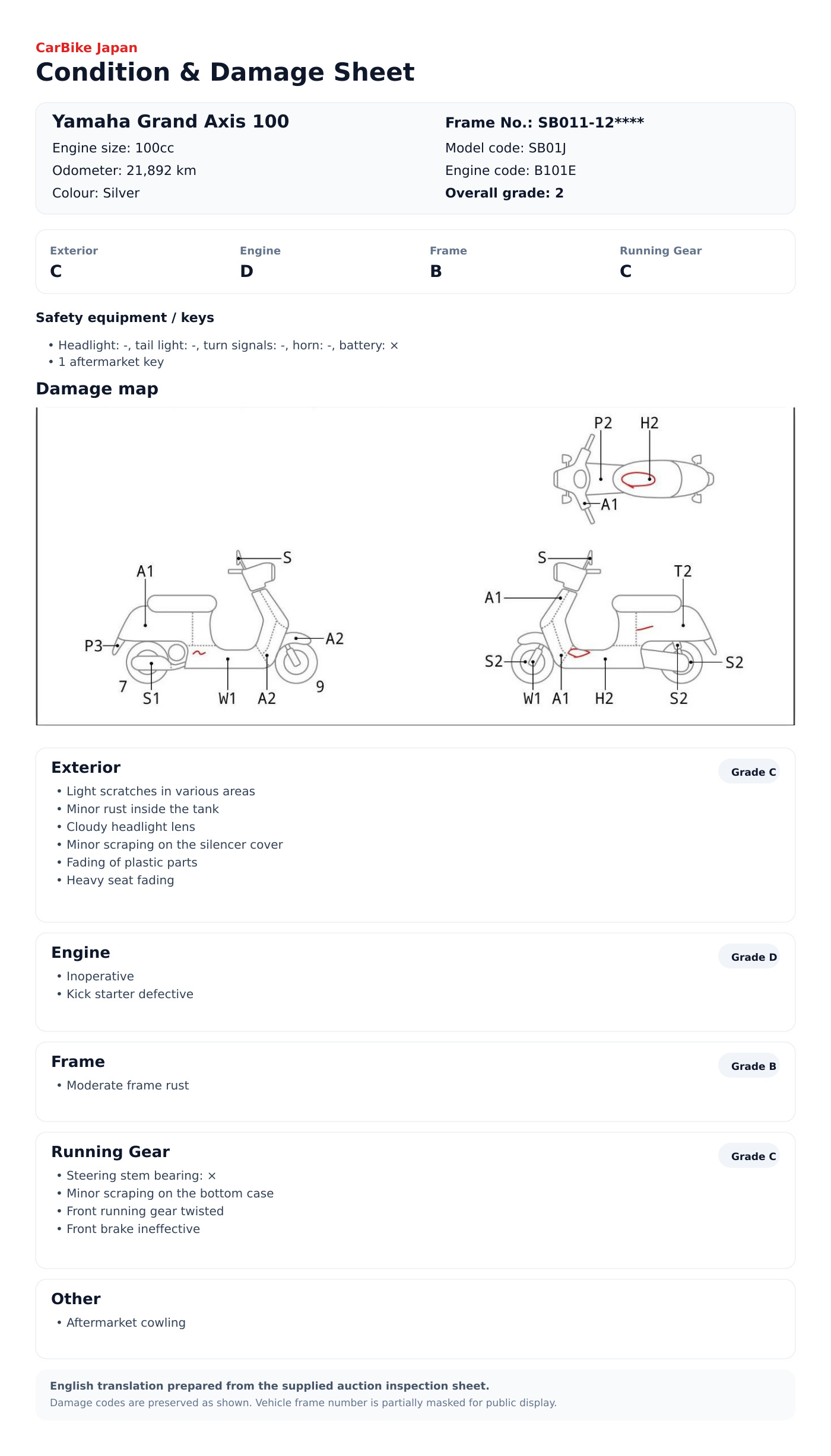 Yamaha Grand Axis100 condition and damage sheet
