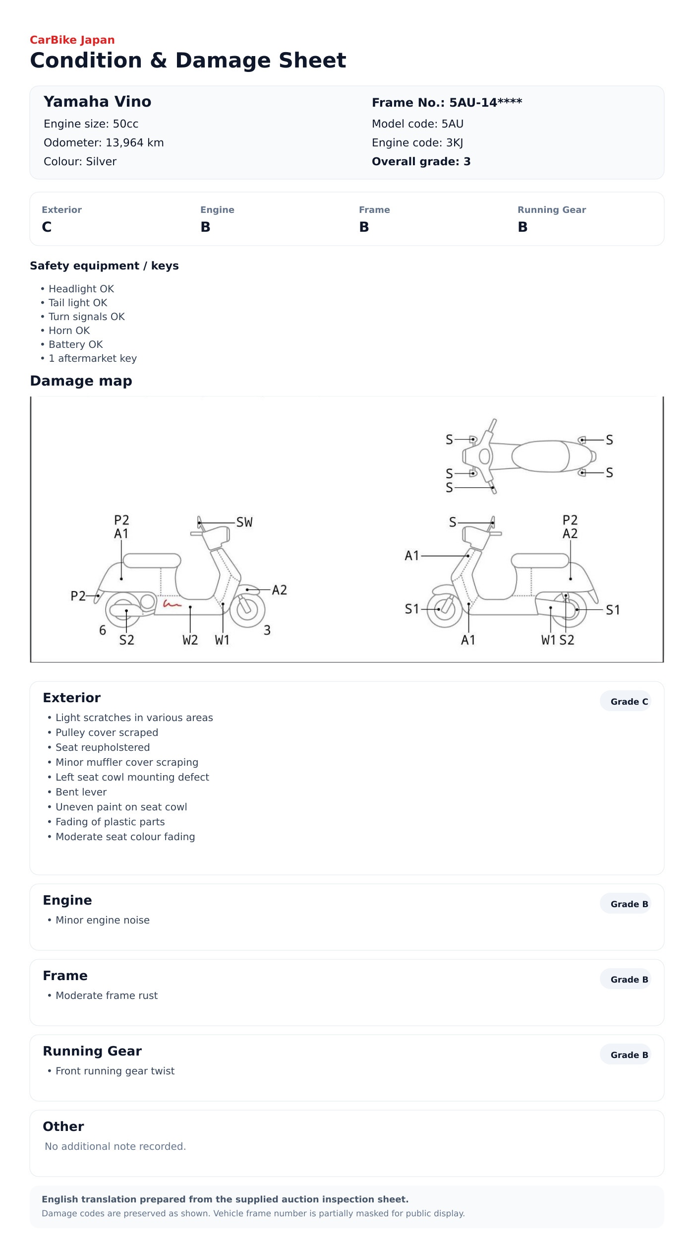 Yamaha Vino condition and damage sheet