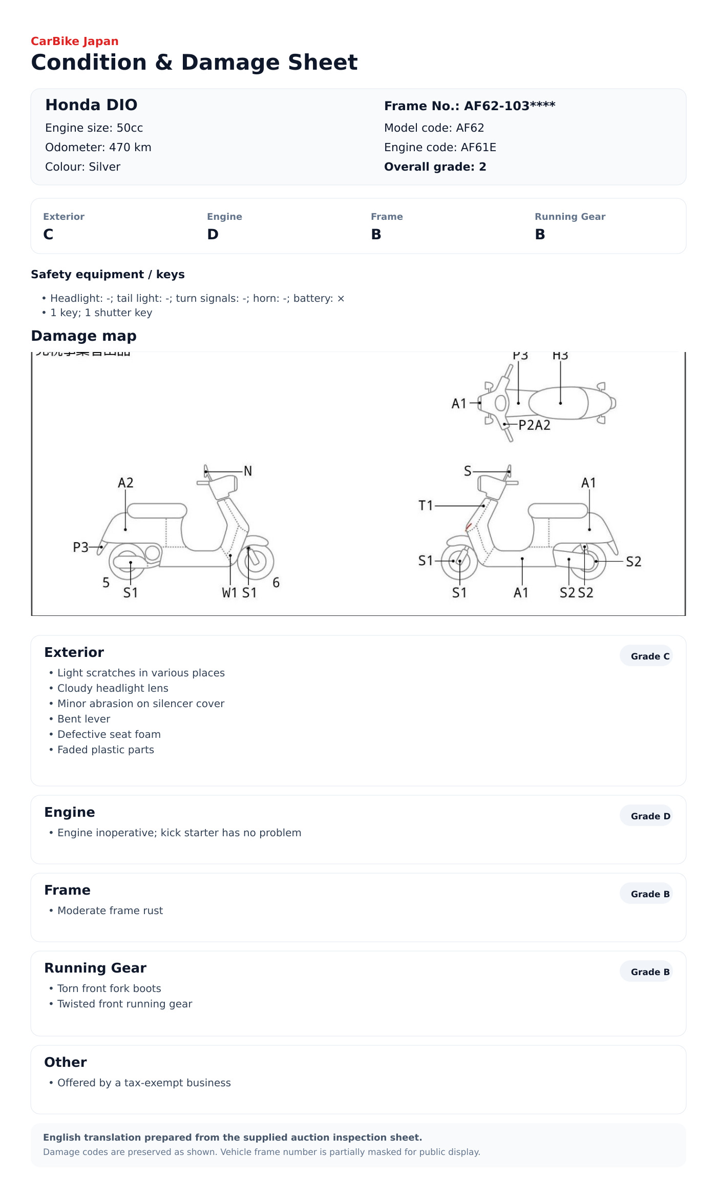 Honda DIO condition and damage sheet