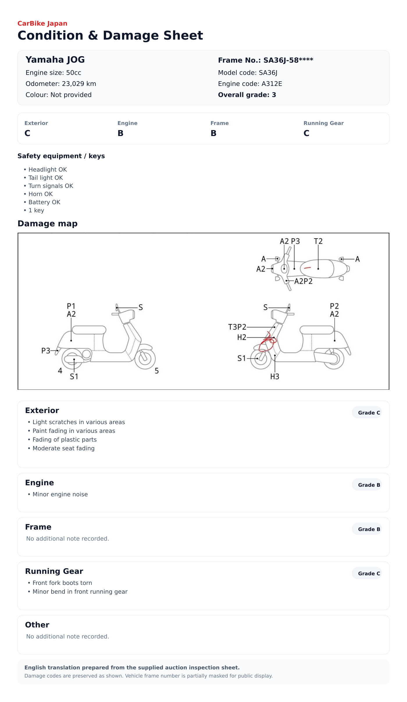 Yamaha JOG condition and damage sheet